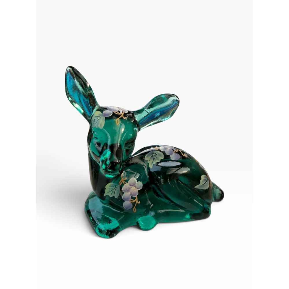 Fenton Spruce Green Hand Painted Deer Figurine C.A. Hall Signed USA Grapes